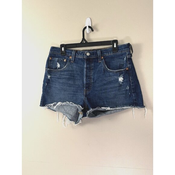 Levis 501 Y2K Womens Distressed Jean Shorts 31 Grunge Button Fly Blue Denim Raw - Picture 1 of 11